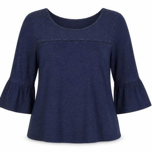 Fat Face Women Blue Embroidered Tunic Blouse Size 14 3/4 Sleeve