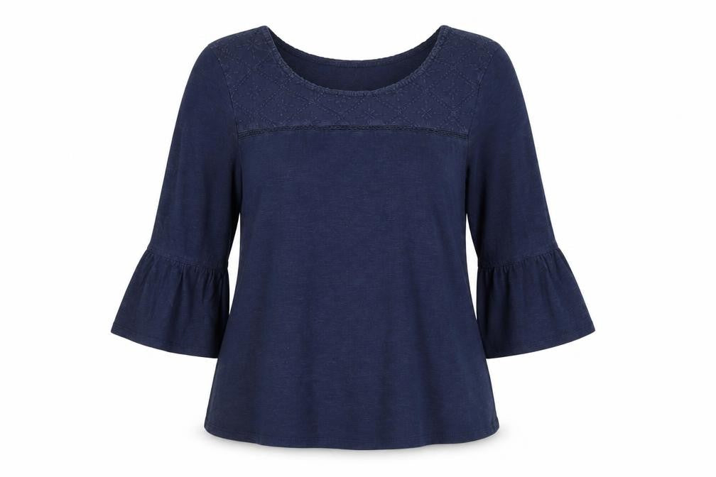 Fat Face Women Blue Embroidered Tunic Blouse Size 14 3/4 Sleeve