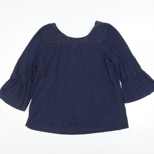 Fat Face Women Blue Embroidered Tunic Blouse Size 14 3/4 Sleeve