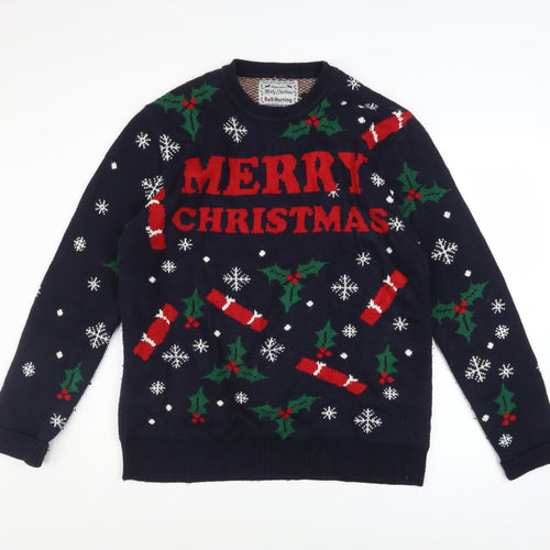 Red Herring Men's Blue Christmas Graphic Pullover Jumper Size L