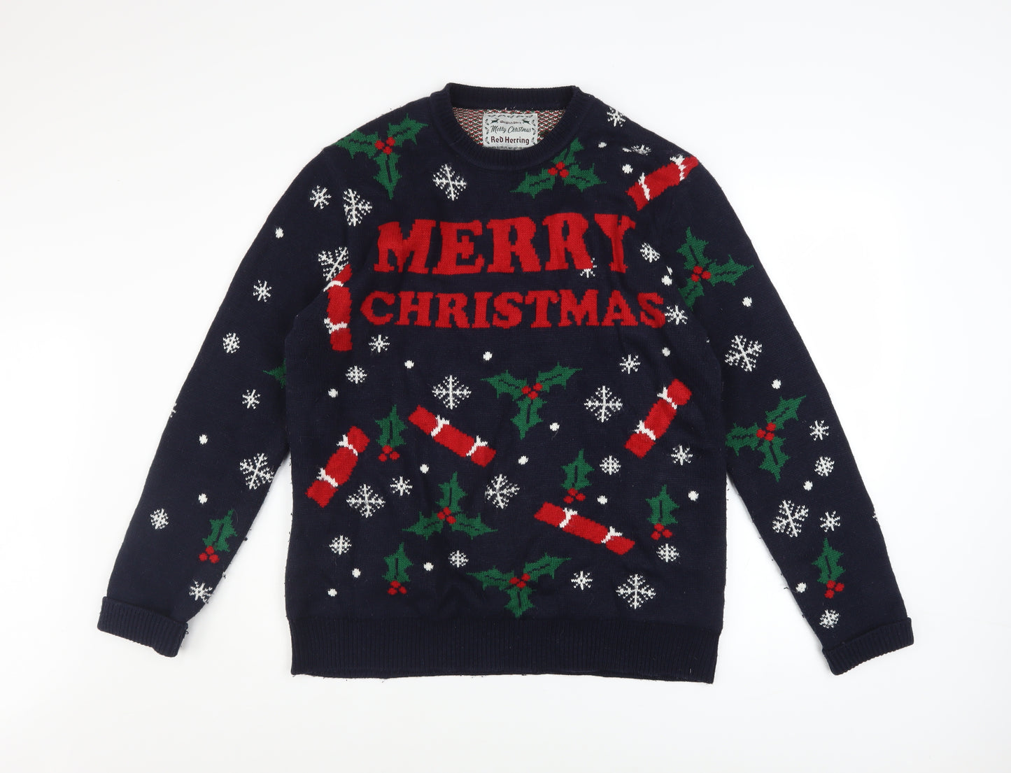 Red Herring Men's Blue Christmas Graphic Pullover Jumper Size L