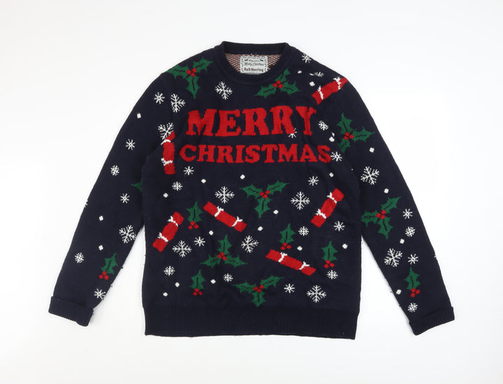 Red Herring Men's Blue Christmas Graphic Pullover Jumper Size L