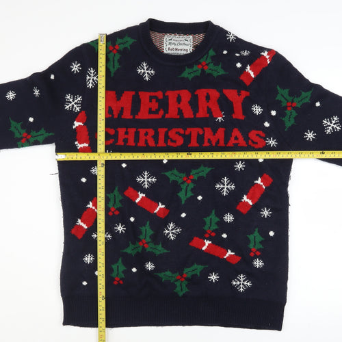 Red Herring Men's Blue Christmas Graphic Pullover Jumper Size L