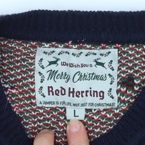 Red Herring Men's Blue Christmas Graphic Pullover Jumper Size L