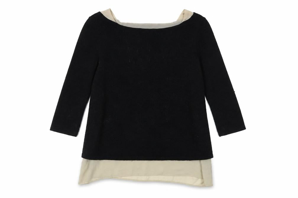 Front view of Green Envelope Women’s Black Boat Neck 3/4 Sleeve jumper, size L
