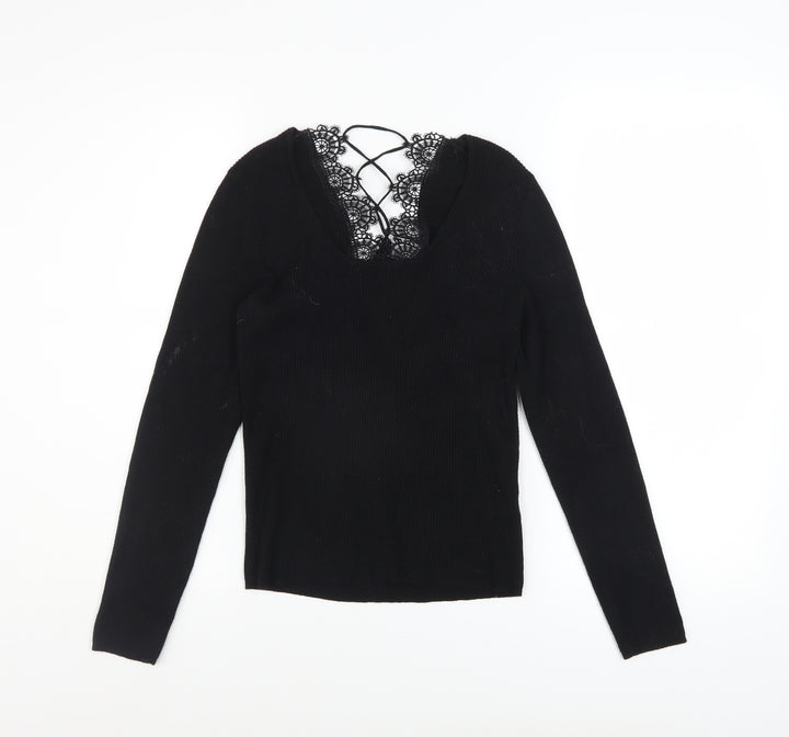 Urban Outfitters Women’s Black Lace V-Neck Slim Fit Pullover Jumper L