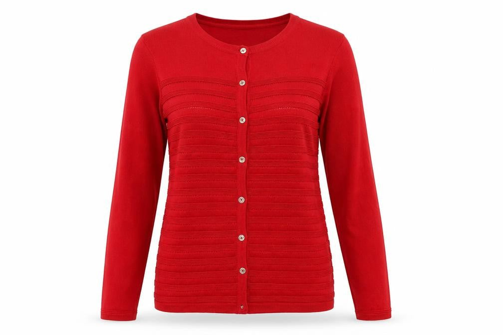Front view of Bonmarché Women’s Red Button-Up Knit Cardigan, size S