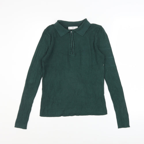 Mango Women's Green Collared Ribbed Henley Jumper Size 14