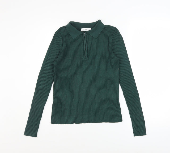 Mango Women's Green Collared Ribbed Henley Jumper Size 14
