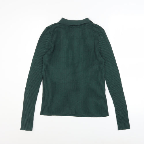 Mango Women's Green Collared Ribbed Henley Jumper Size 14