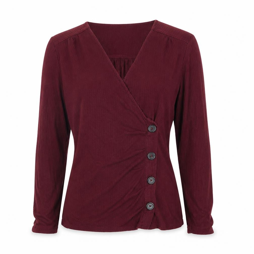 Front view of Monsoon Women's Red Wrap Button Long Sleeve Jersey Blouse M