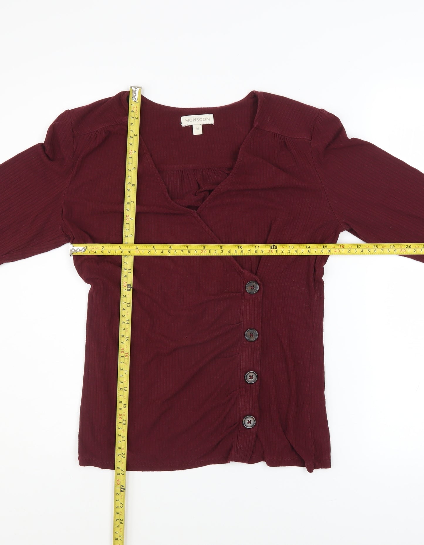 Monsoon Women's Red Wrap Button Long Sleeve Jersey Blouse M