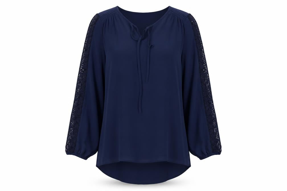 Monsoon Women Navy Blue Lace Accent Long Sleeve Blouse Size 12