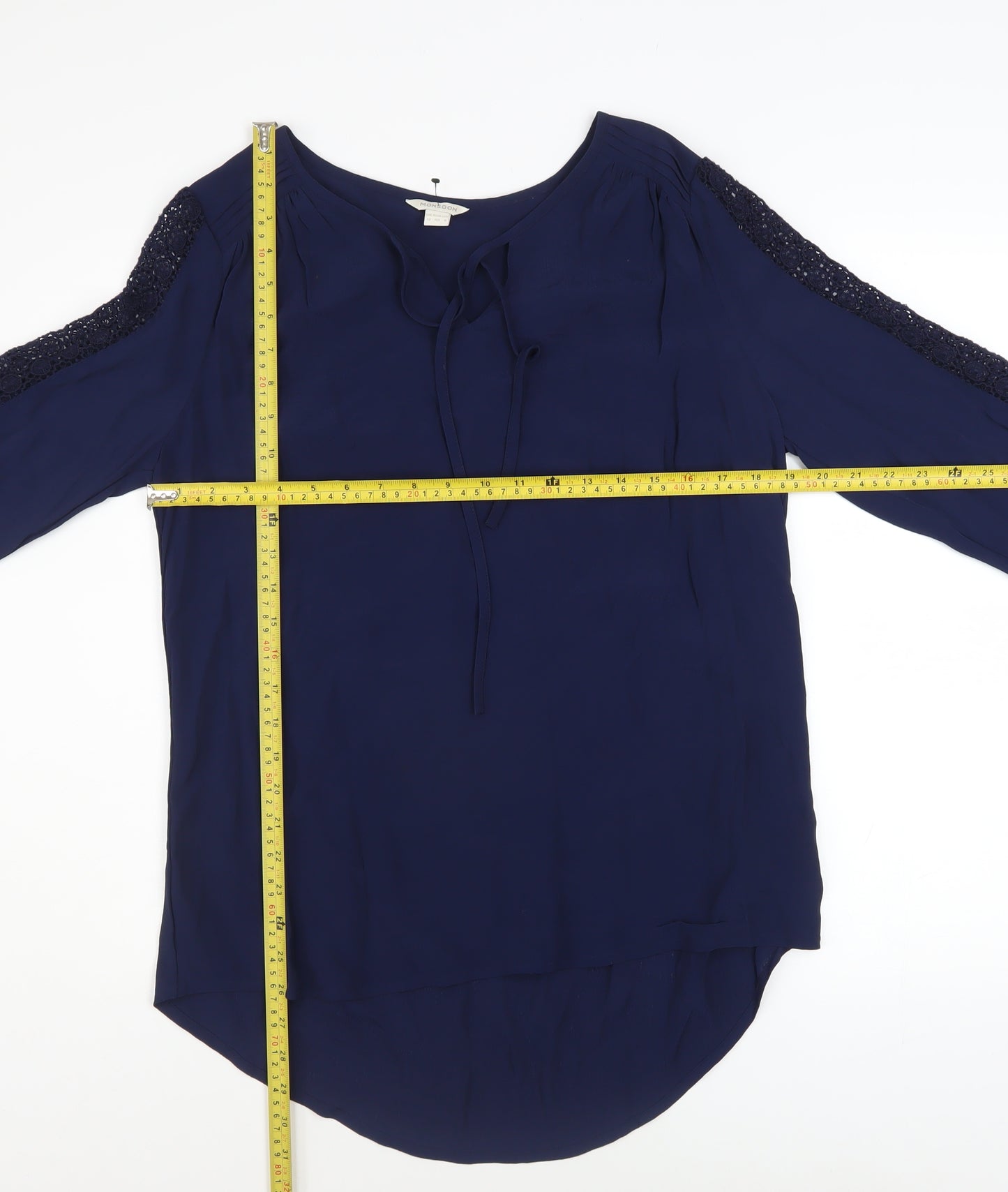 Monsoon Women Navy Blue Lace Accent Long Sleeve Blouse Size 12
