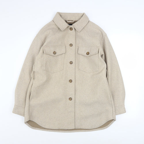 Zara Women Beige Button Shacket Jacket Size 12 Wool Look Casual