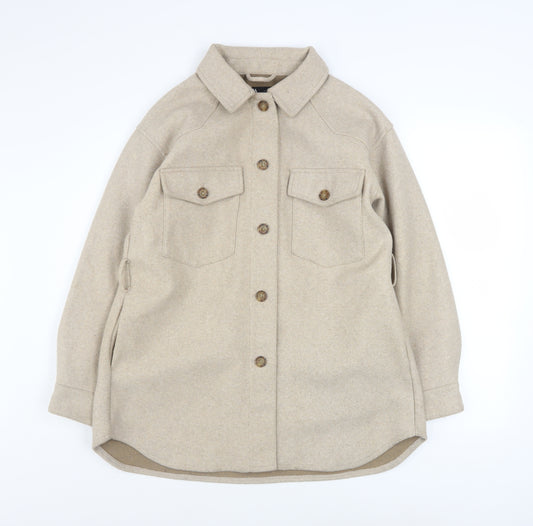 Zara Women Beige Button Shacket Jacket Size 12 Wool Look Casual