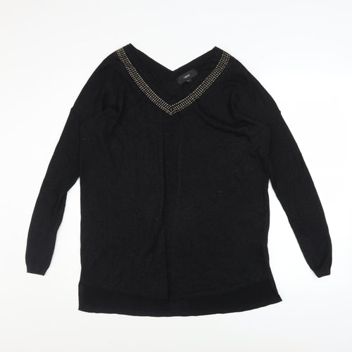 Next Women's Black Beaded V-Neck Long Sleeve Pullover Jumper Size 14