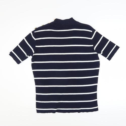Marks and Spencer Women’s Navy Striped Knit Top UK 12 Mock Neck Short Sleeve