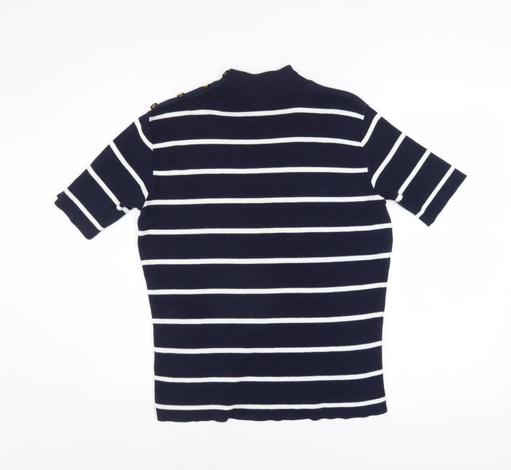 Marks and Spencer Women’s Navy Striped Knit Top UK 12 Mock Neck Short Sleeve