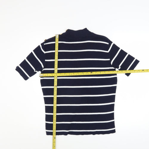 Marks and Spencer Women’s Navy Striped Knit Top UK 12 Mock Neck Short Sleeve