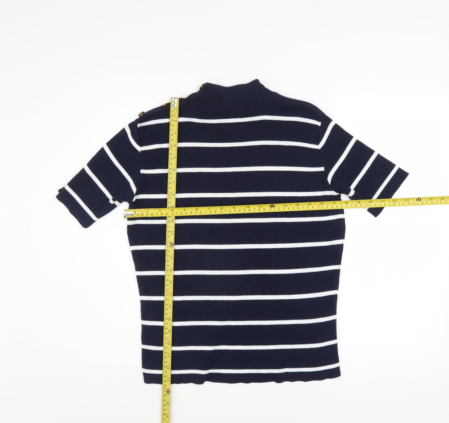 Marks and Spencer Women’s Navy Striped Knit Top UK 12 Mock Neck Short Sleeve