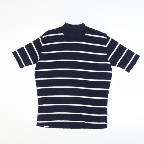 Marks and Spencer Women’s Navy Striped Knit Top UK 12 Mock Neck Short Sleeve