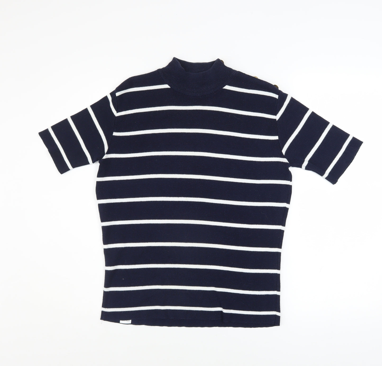 Marks and Spencer Women’s Navy Striped Knit Top UK 12 Mock Neck Short Sleeve
