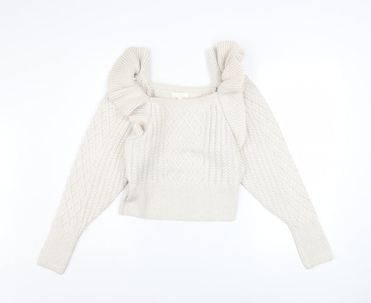 H&M Womens Ivory Cable Knit Ruffle Pullover Jumper Size S