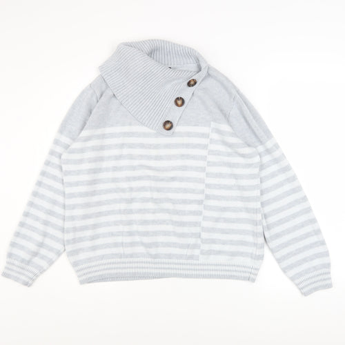 Roman Women’s Grey Striped Cowl Neck Button Knit Jumper Size 18