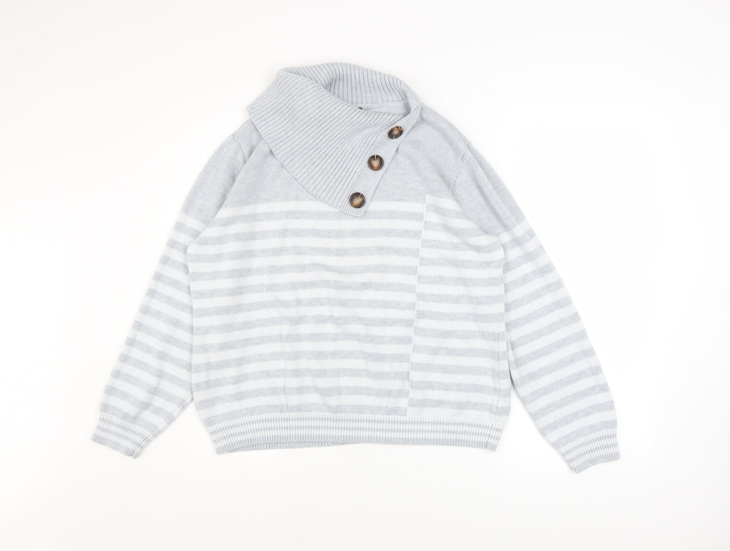 Roman Women’s Grey Striped Cowl Neck Button Knit Jumper Size 18