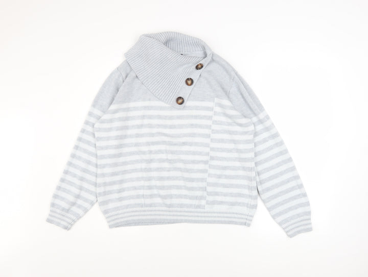 Roman Women’s Grey Striped Cowl Neck Button Knit Jumper Size 18