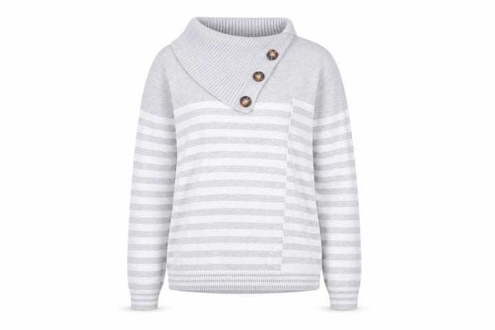 Roman Women’s Grey Striped Cowl Neck Button Knit Jumper Size 18