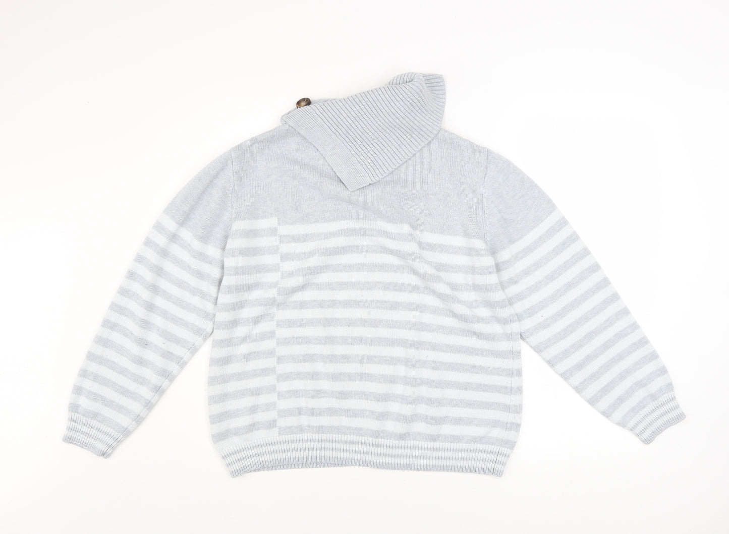 Roman Women’s Grey Striped Cowl Neck Button Knit Jumper Size 18