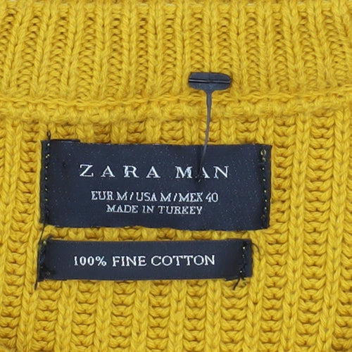 Zara Man Yellow Cotton Ribbed Crew Neck Men's M Pullover Jumper