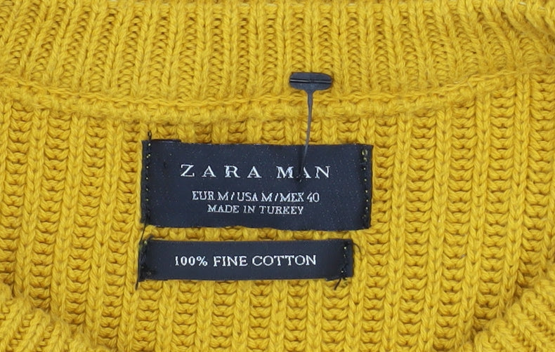 Zara Man Yellow Cotton Ribbed Crew Neck Men's M Pullover Jumper