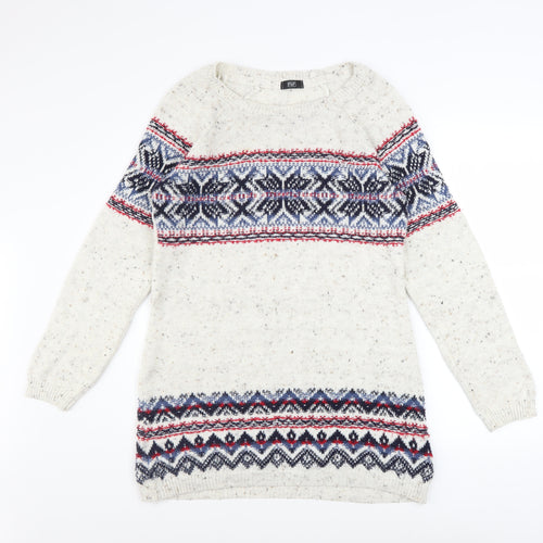 F&F Women's White Fair Isle Knit Long Sleeve Jumper Dress Size 12