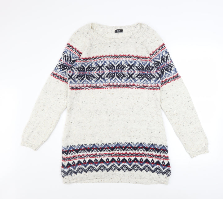 F&F Women's White Fair Isle Knit Long Sleeve Jumper Dress Size 12
