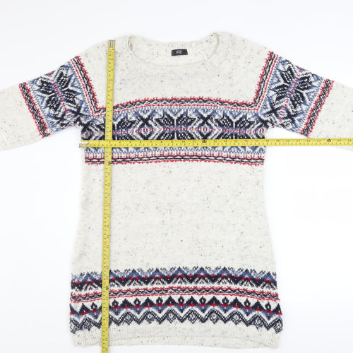 F&F Women's White Fair Isle Knit Long Sleeve Jumper Dress Size 12