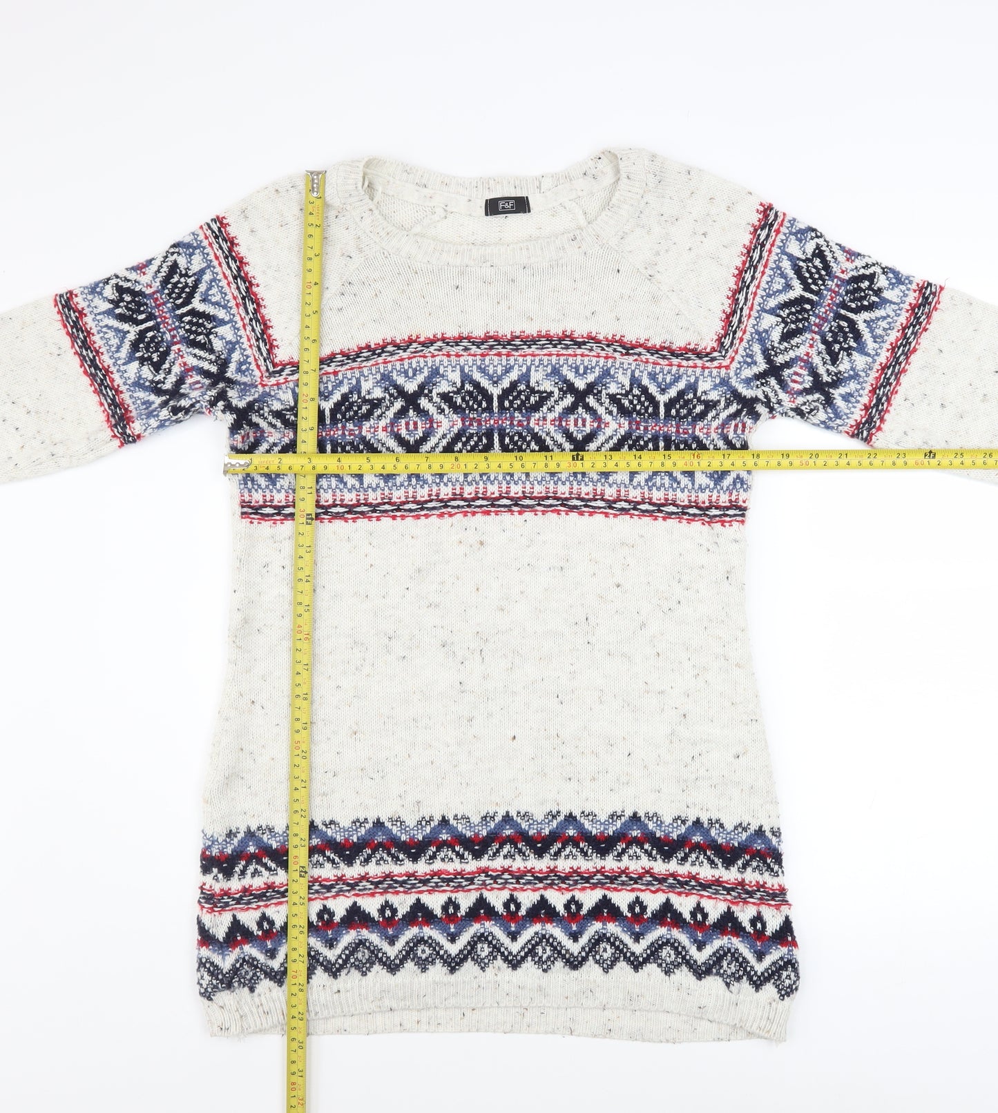 F&F Women's White Fair Isle Knit Long Sleeve Jumper Dress Size 12