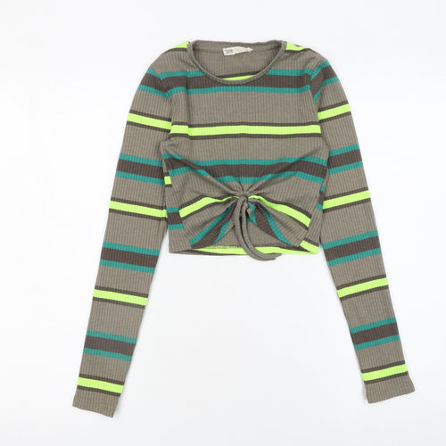 STR Womens Striped Green Cropped Long Sleeve Knit Tie Front Top Size S