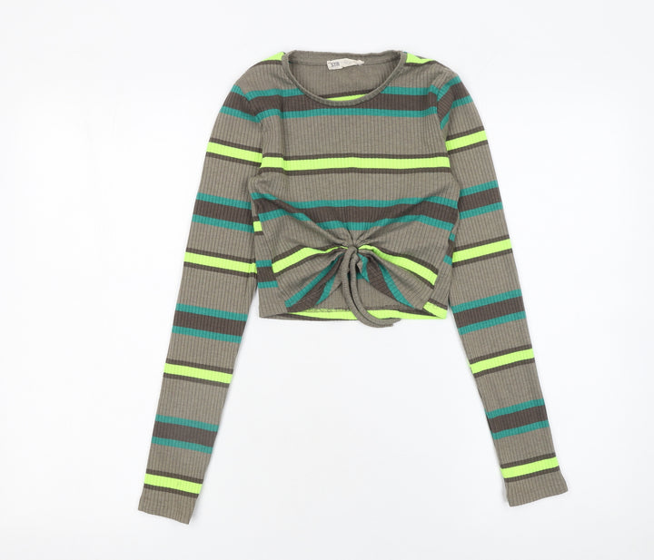 STR Womens Striped Green Cropped Long Sleeve Knit Tie Front Top Size S