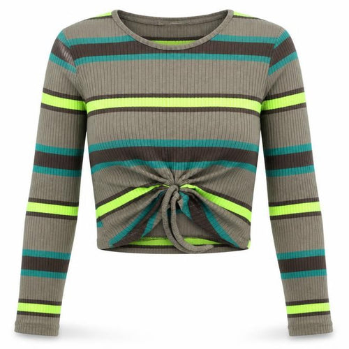 STR Womens Striped Green Cropped Long Sleeve Knit Tie Front Top Size S