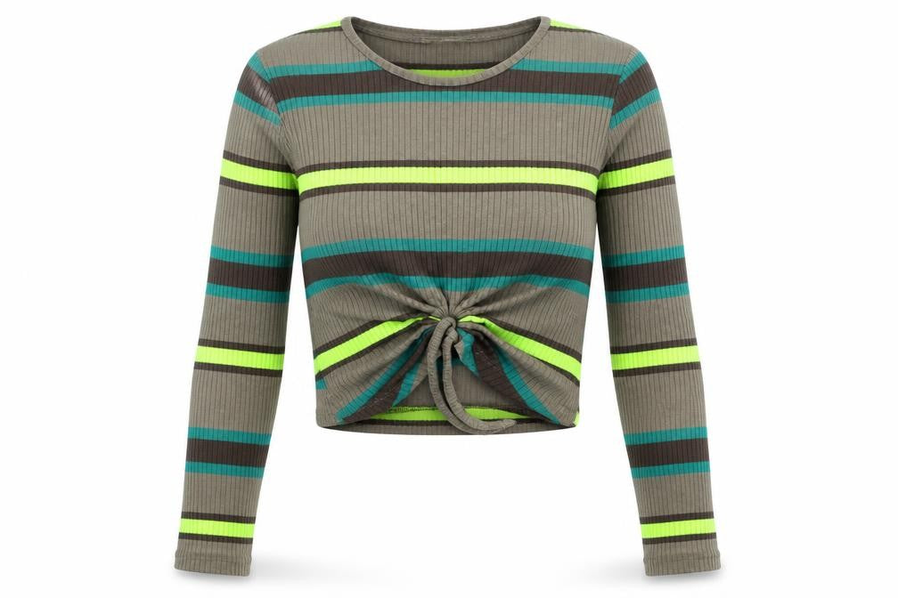 STR Womens Striped Green Cropped Long Sleeve Knit Tie Front Top Size S