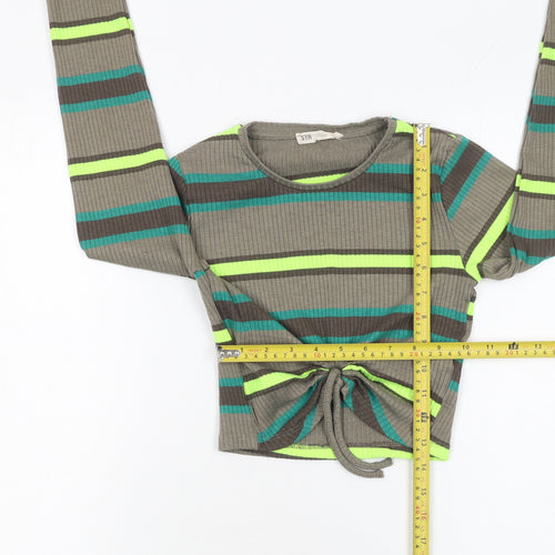 STR Womens Striped Green Cropped Long Sleeve Knit Tie Front Top Size S