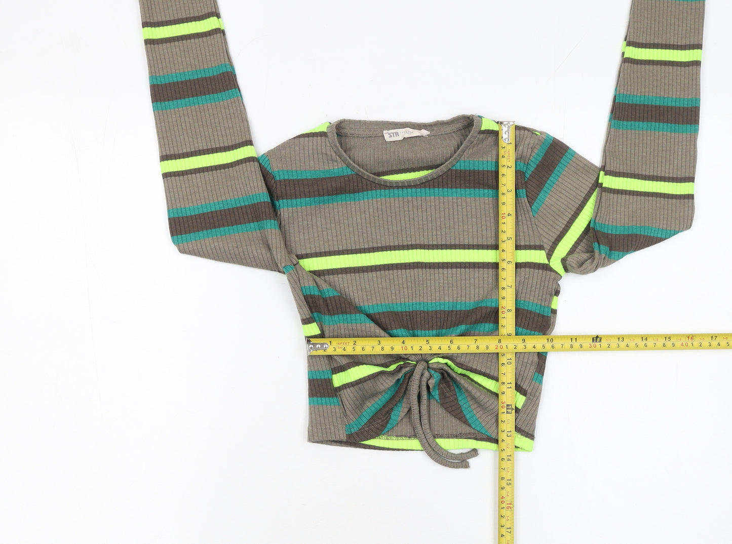 STR Womens Striped Green Cropped Long Sleeve Knit Tie Front Top Size S