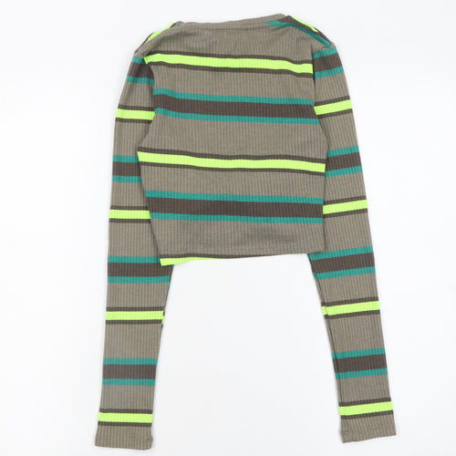 STR Womens Striped Green Cropped Long Sleeve Knit Tie Front Top Size S