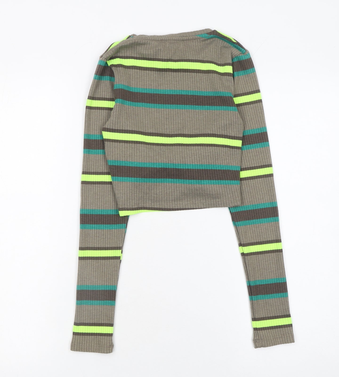 STR Womens Striped Green Cropped Long Sleeve Knit Tie Front Top Size S
