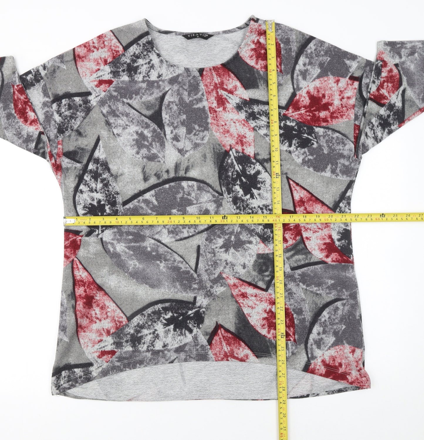 VIZ A VIZ Womens Grey Red Floral Pullover Jumper M 3/4 Sleeve