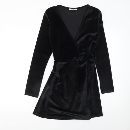 Pull & Bear Women’s Black Velvet Wrap Mini Dress Size 12 Long Sleeve Party