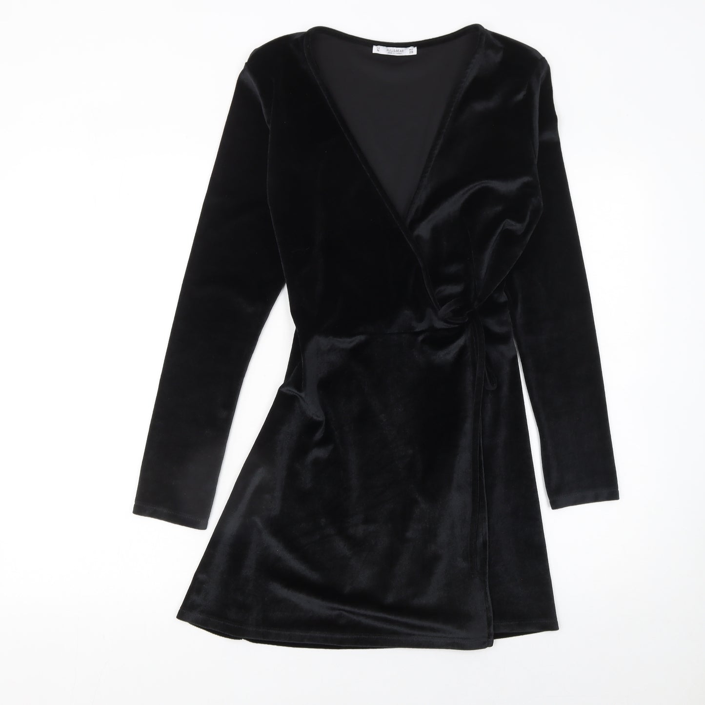 Pull & Bear Women’s Black Velvet Wrap Mini Dress Size 12 Long Sleeve Party
